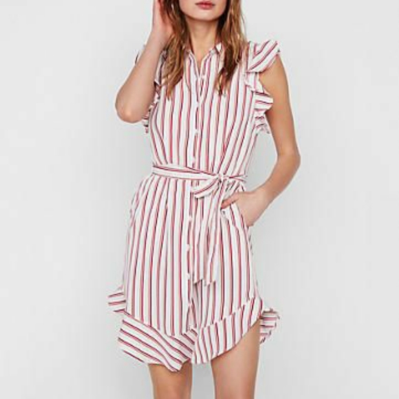 Express Pinstripe Ruffle Button Up Dress - Picture 1 of 6